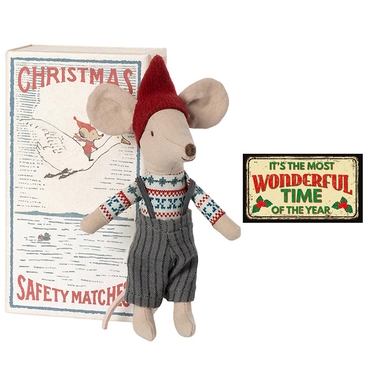 Maileg Christmas Mouse, Big Brother & Handmade Miniature Sign - RARE & RETIRED