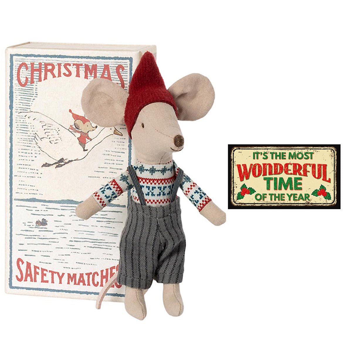 Maileg Christmas Mouse, Big Brother & Handmade Miniature Sign - RARE & RETIRED - I Want That Present
