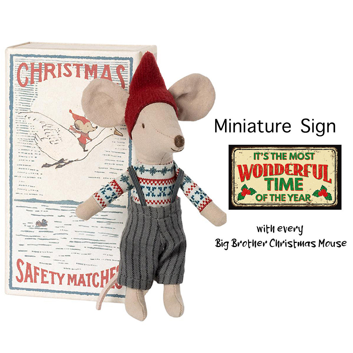 Maileg Christmas Mouse, Big Brother & Handmade Miniature Sign - RARE & RETIRED