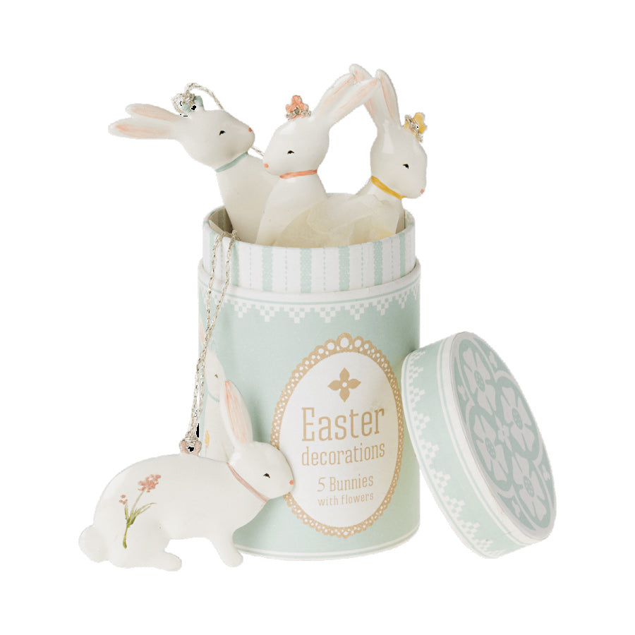 maileg metal hanging easter rabbit decorations in a presentation box