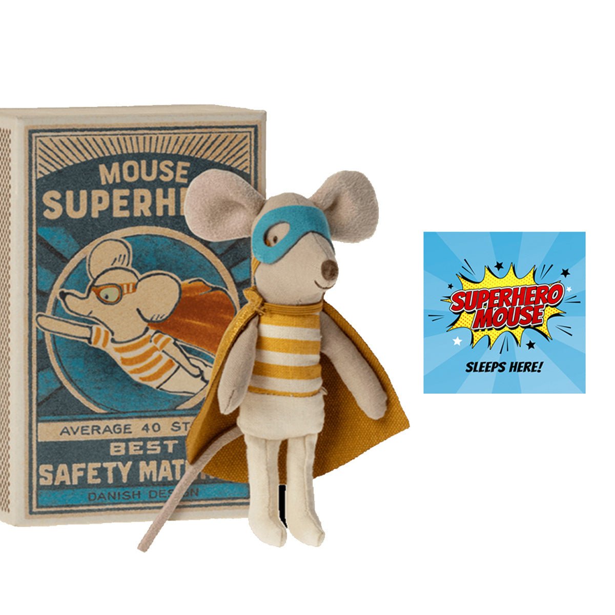 Maileg Super Hero Mouse in a Matchbox, Little Brother & Sign - I Want That Present
