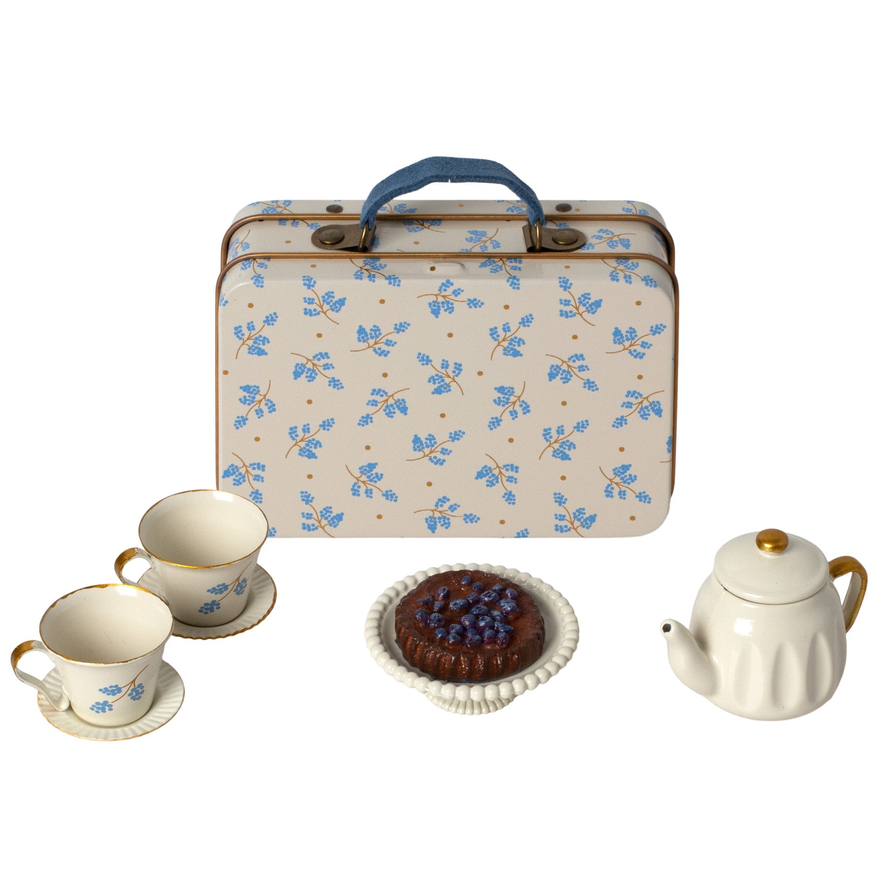 maileg miniature cream suitcase with a blue print,  containing a tea set and cakes