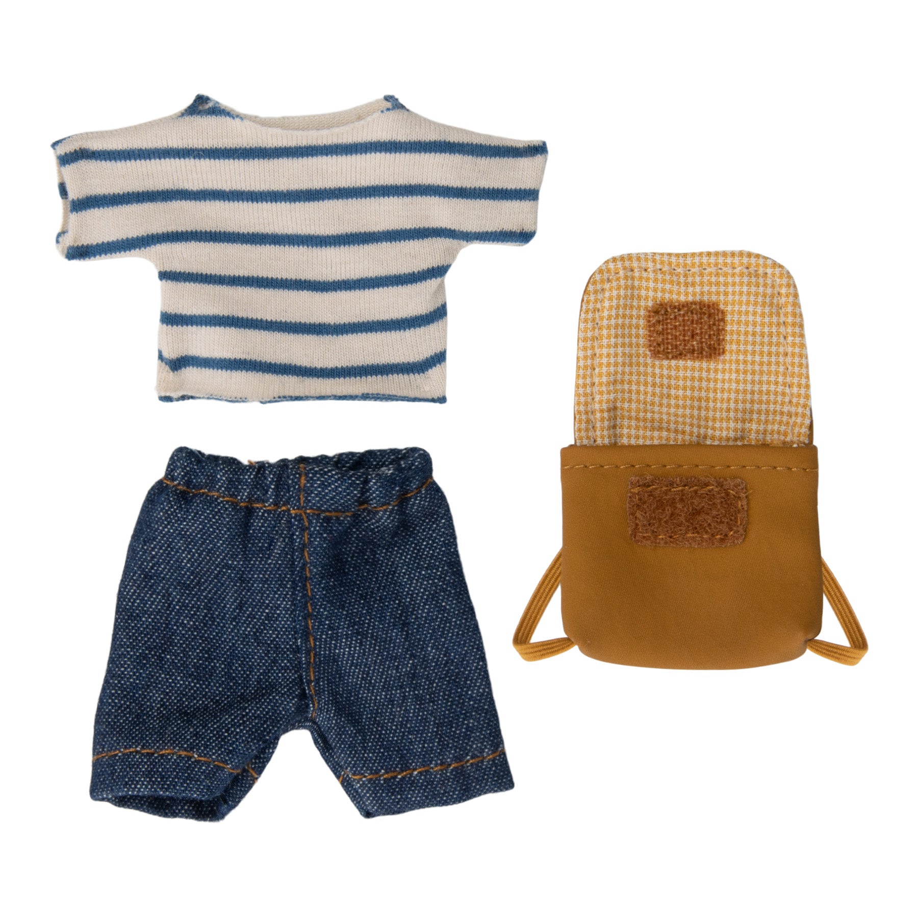 Maileg mouse accessories, including a stripy top, jeans and a rucksack