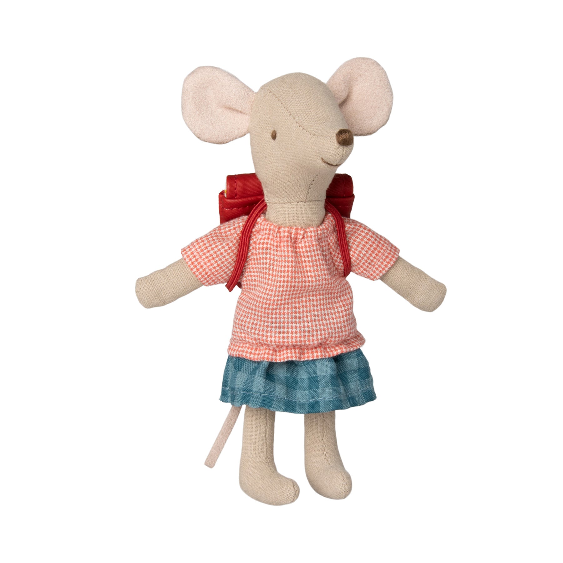 big sister tricycle mouse dressed in a red blouse and blue skirt carrrying a red rucksack