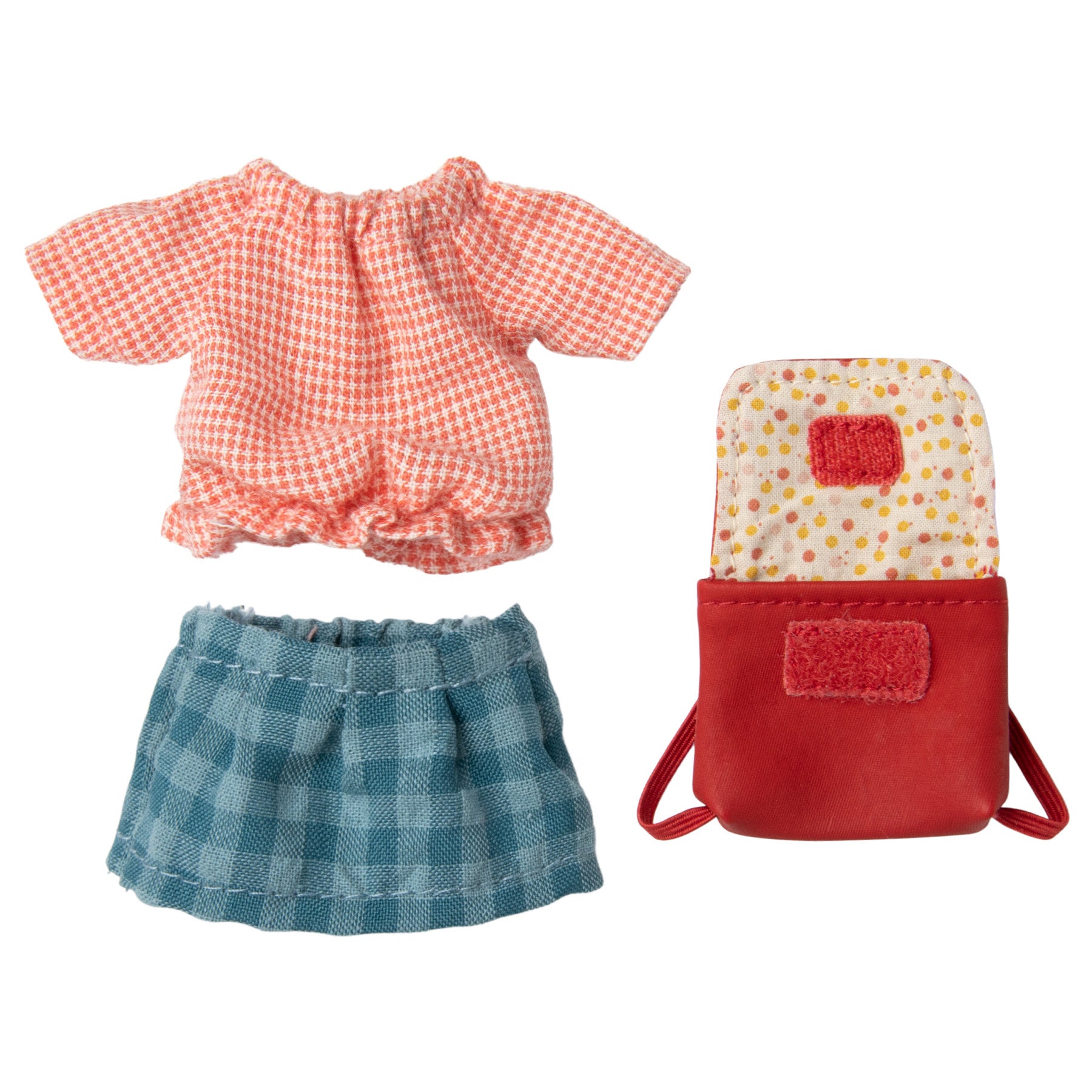 maileg accessories including a check blouse, dark blue check skirt and red rucksack