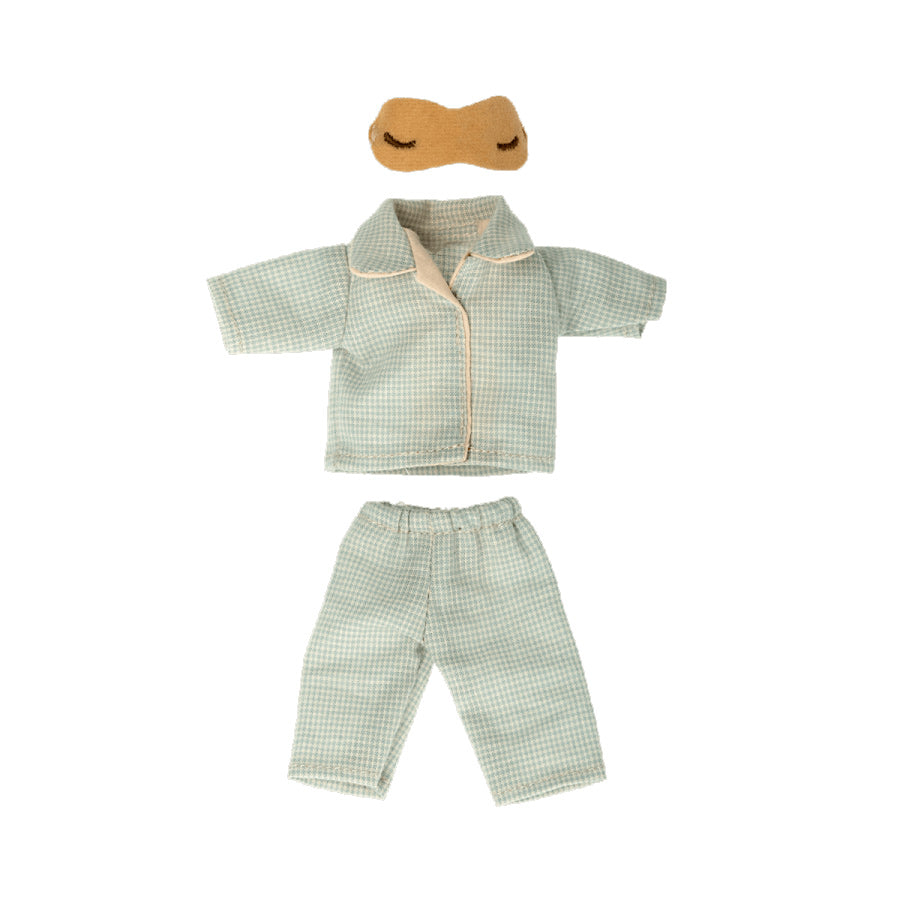 maileg blue check pyjamas and eye mask for dad mouse