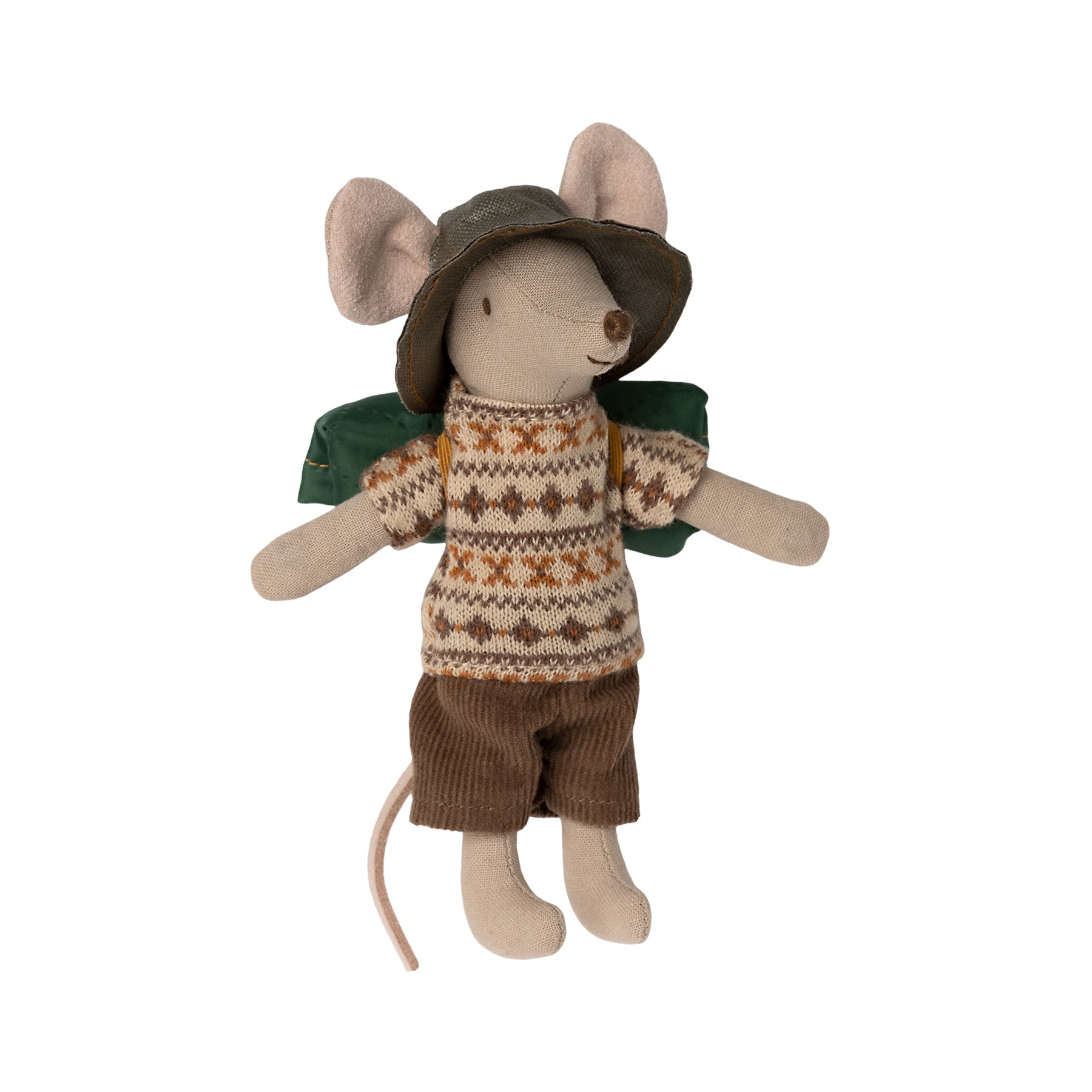 maileg hiker mouse dressed in a patterend jumper, brown shorts and hat, carrying a sleeping bag