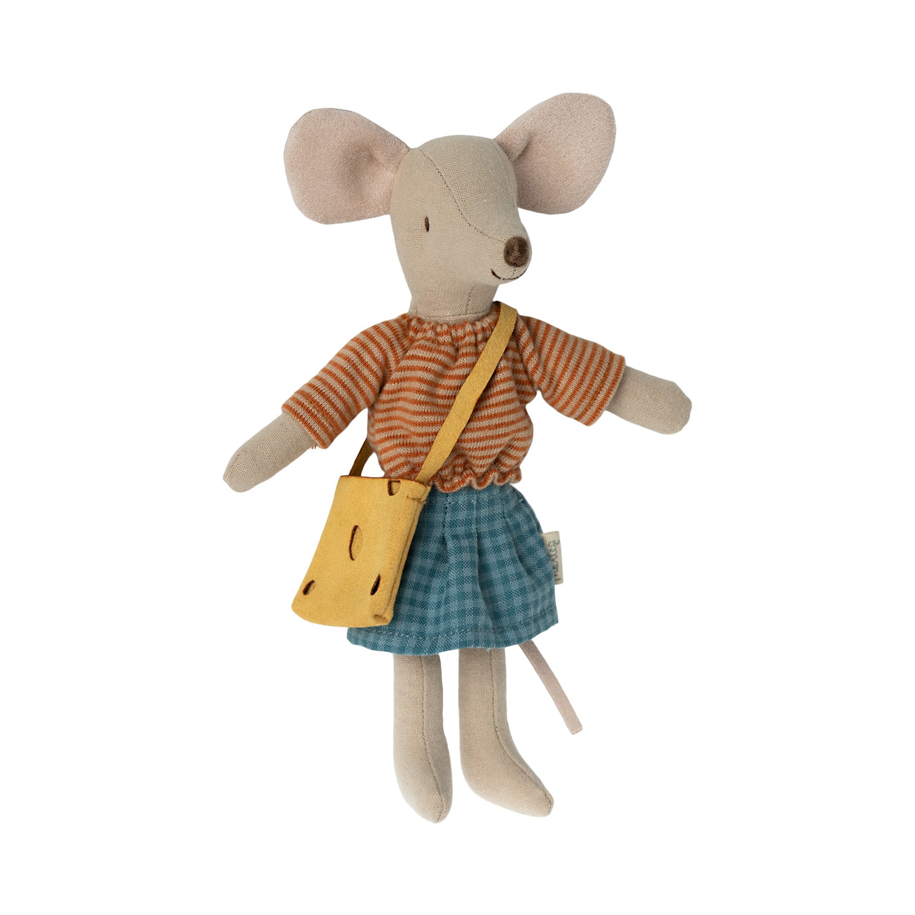 maileg big sister mouse is wearing a stripe jumper,  blue check skirt and is carrying a cheese shaped bag