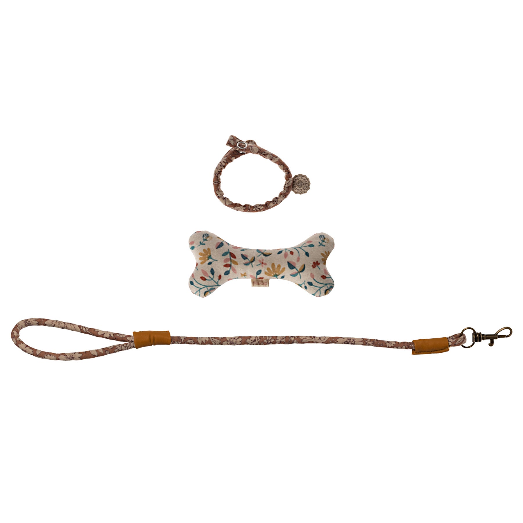 maileg plush dog, collar and lead in pink with a flower print bone