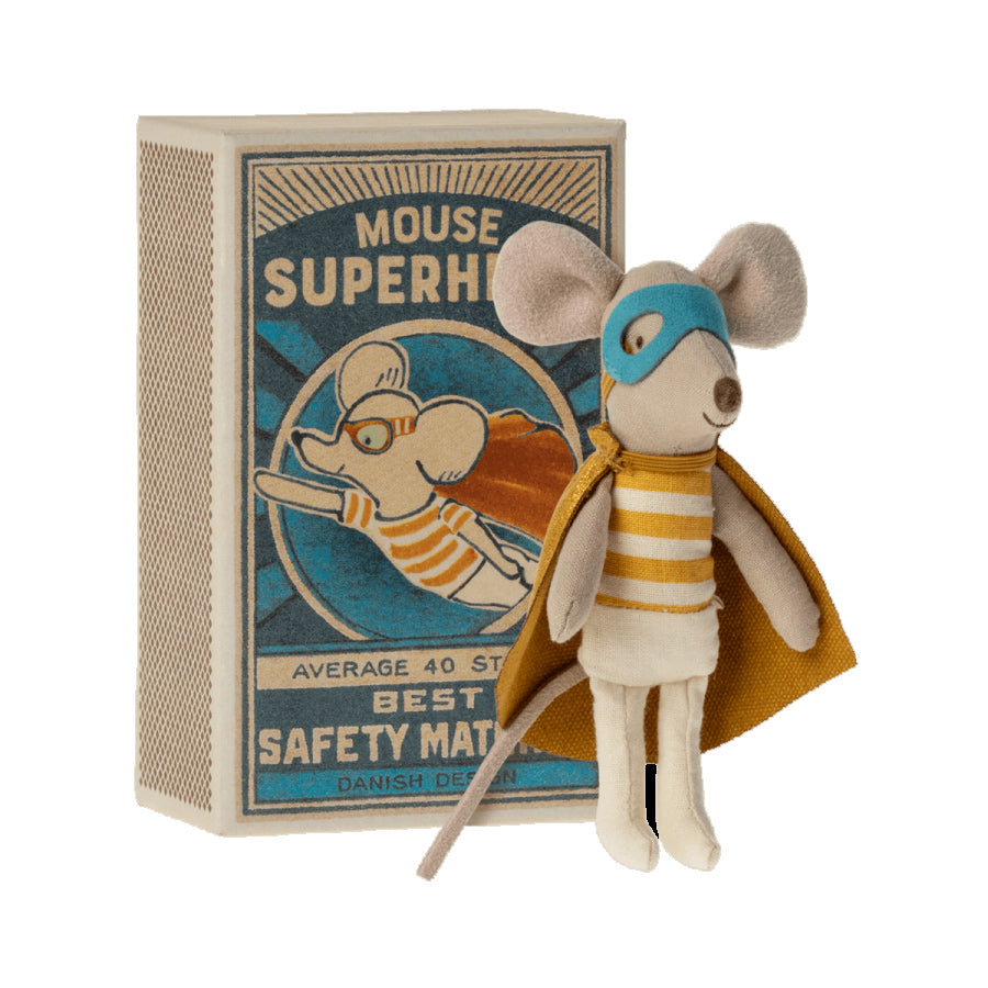 maileg super hero mouse wearing a yellow cape, blue eye mask standing with his matchbox 