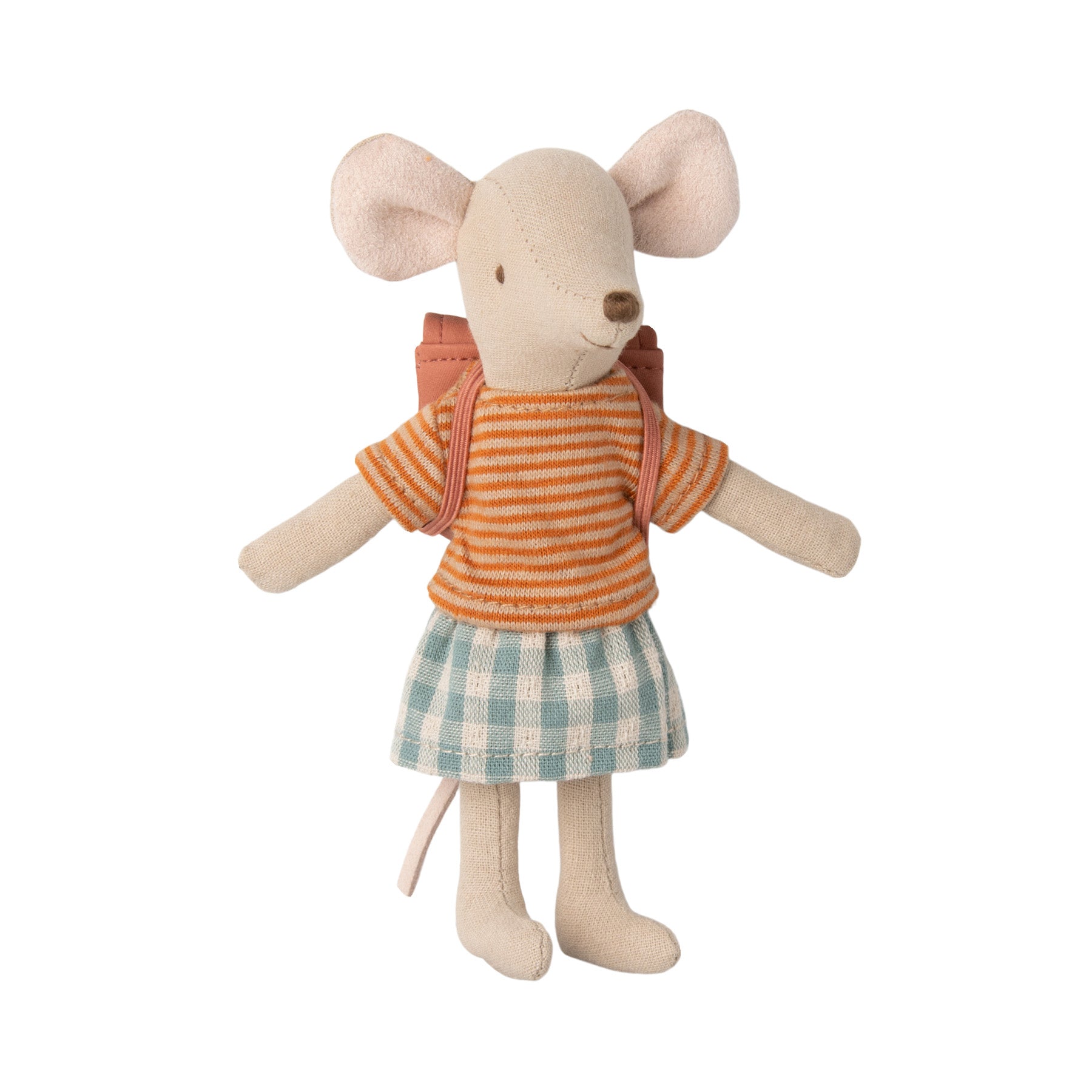 big sister tricycle mouse dressed in a yellow stripe jumper and blue check skirt carrrying a rose rucksack