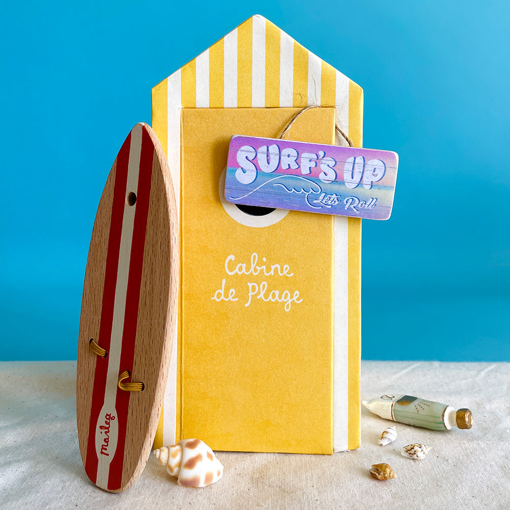 miniature wooden dolls house sign - surfs up (pink)