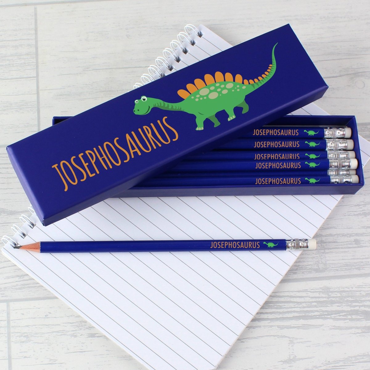 Personalised Dinosaur Box of 12 Blue HB Pencils - I Want That Present