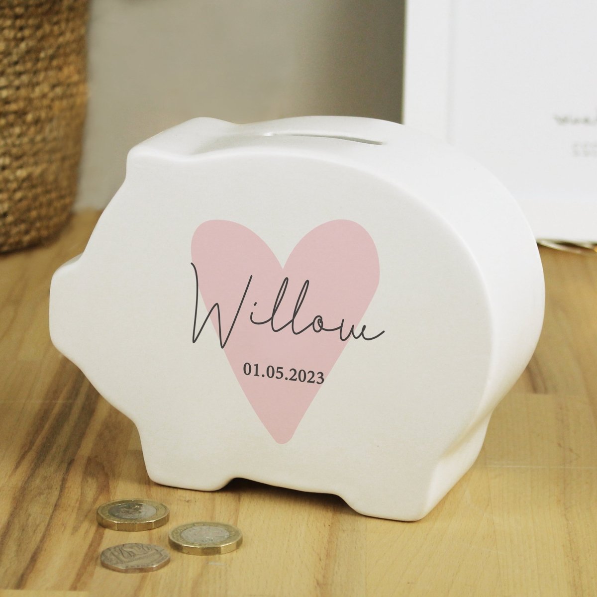 Personalised Pink Heart Piggy Bank - I Want That Present