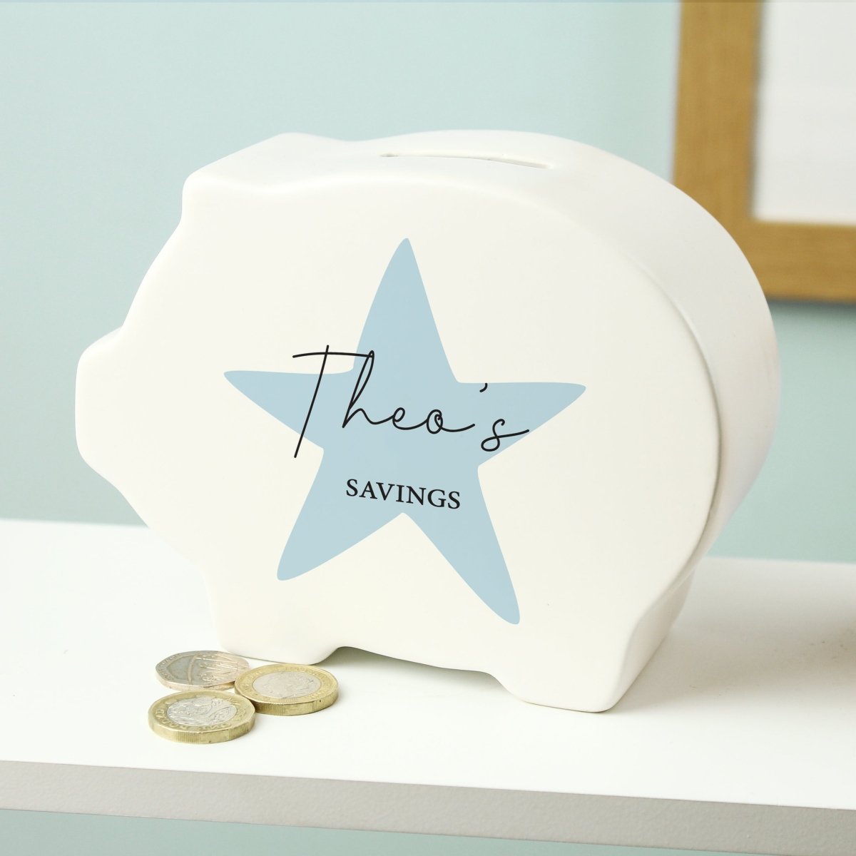Personalised Blue Heart Piggy Bank - I Want That Present