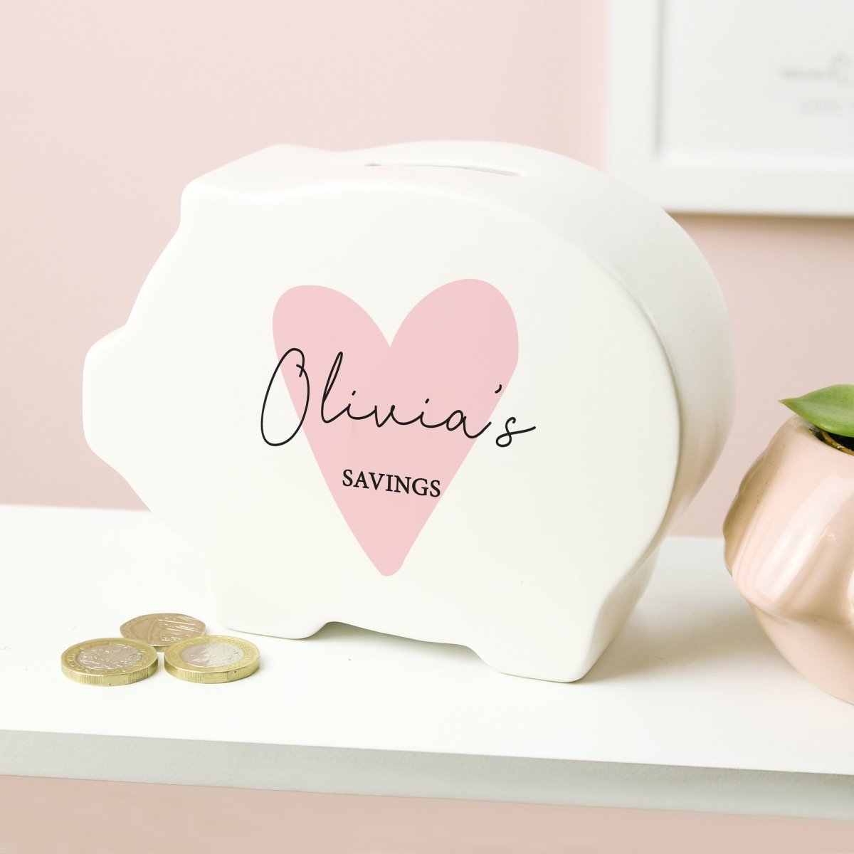 Personalised Pink Heart Piggy Bank - I Want That Present