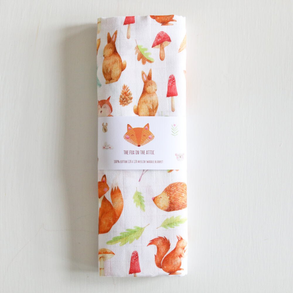 The Fox in the Attic - Muslin Swaddle Blanket - Woodland - I Want That Present