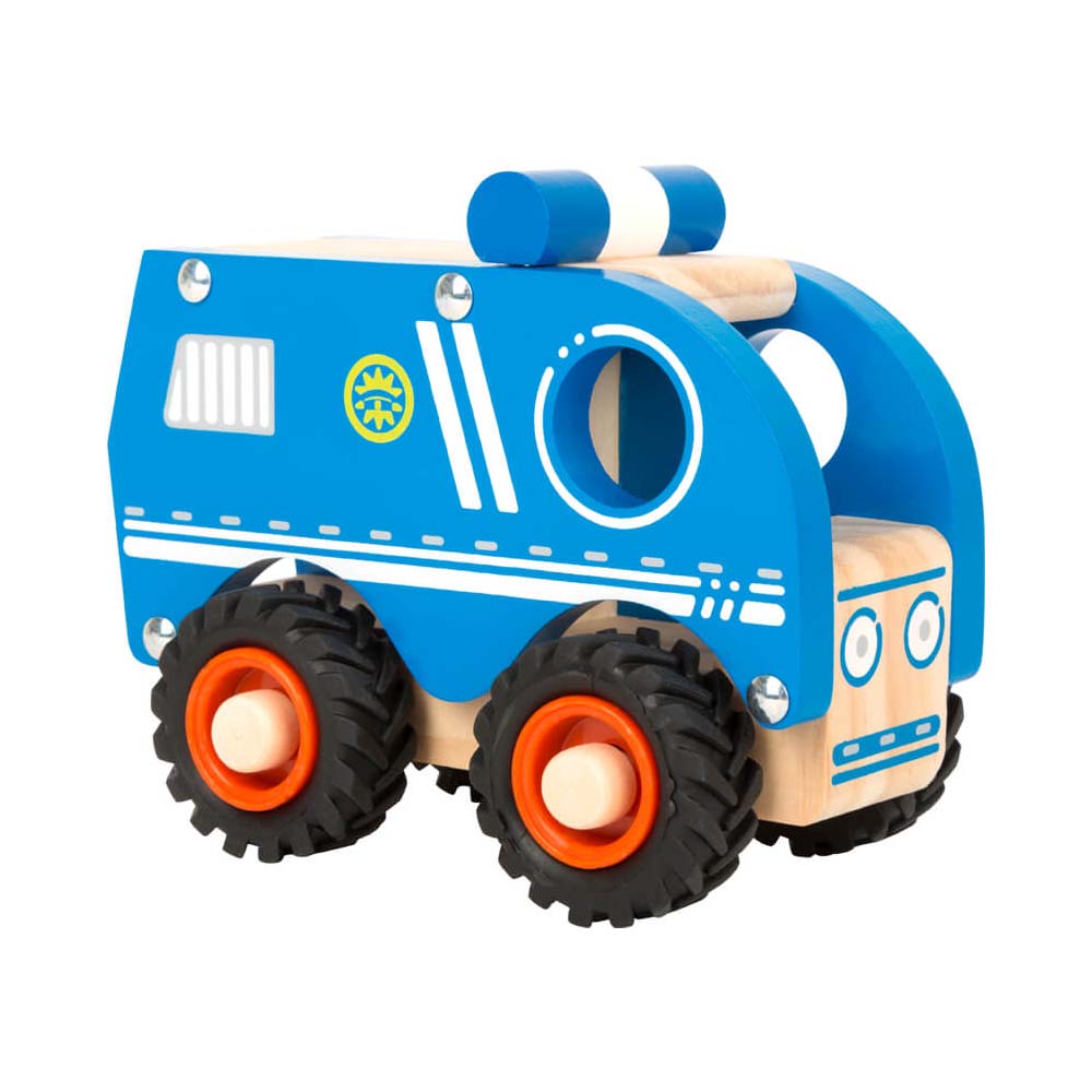 blue wooden police car with white markings with rubber wheels 