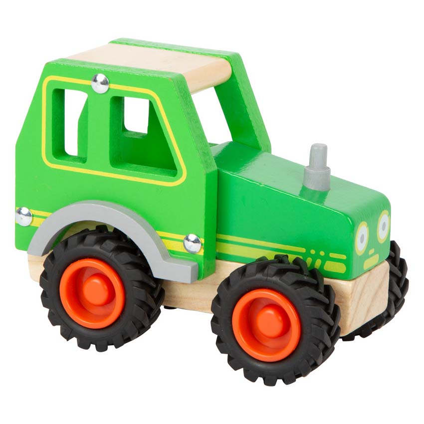green wooden tractor with black rubber wheels 