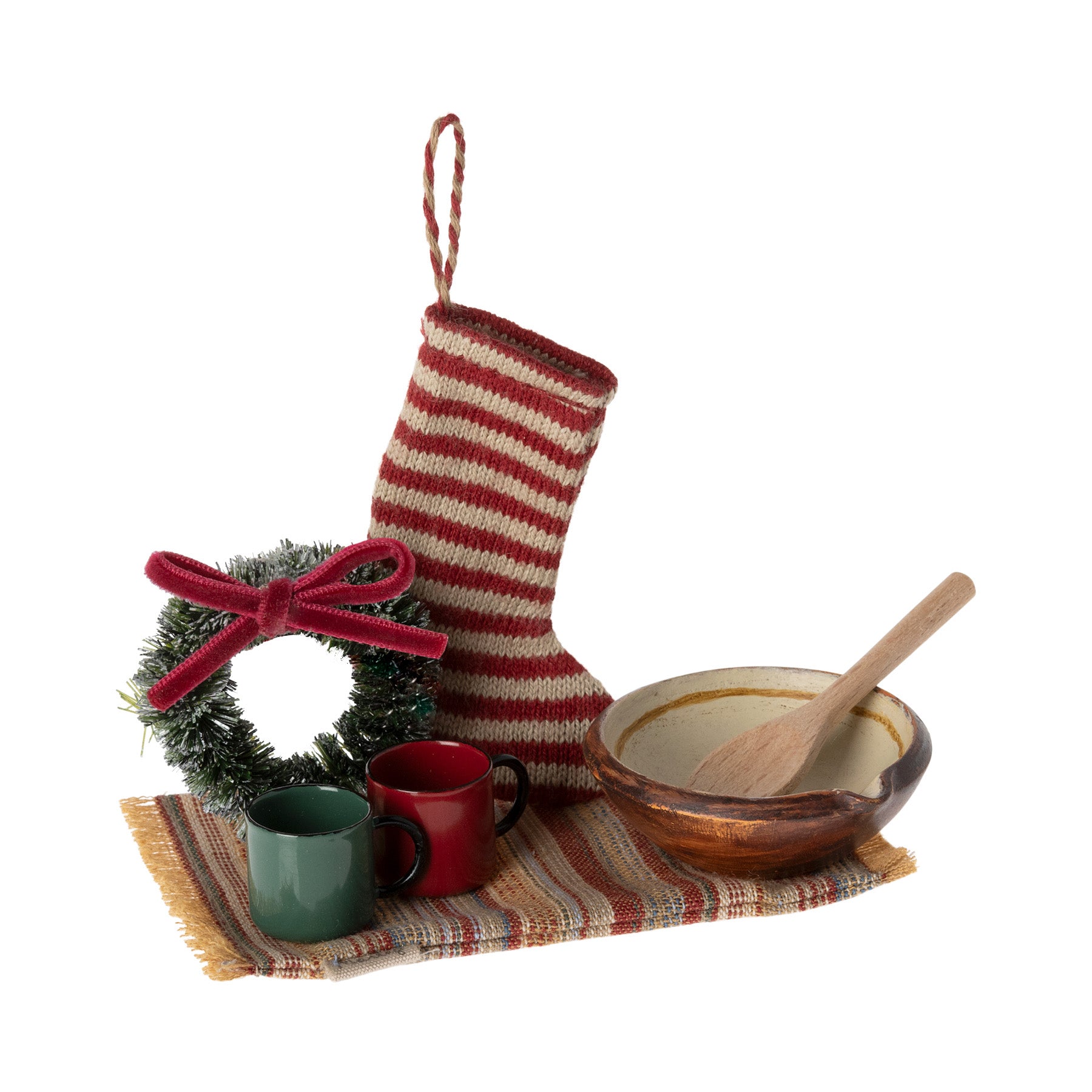 maileg mouse green christmas wreath, a striped stocking, 2 mugs, a bowl and mat