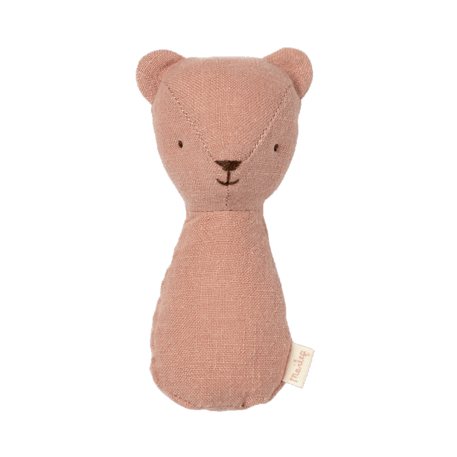 maileg teddy rattle - old rose linen with a embroidered face.
