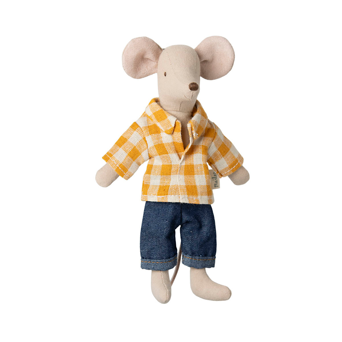 maileg mouse standing in a yellow shirt and denim trousers