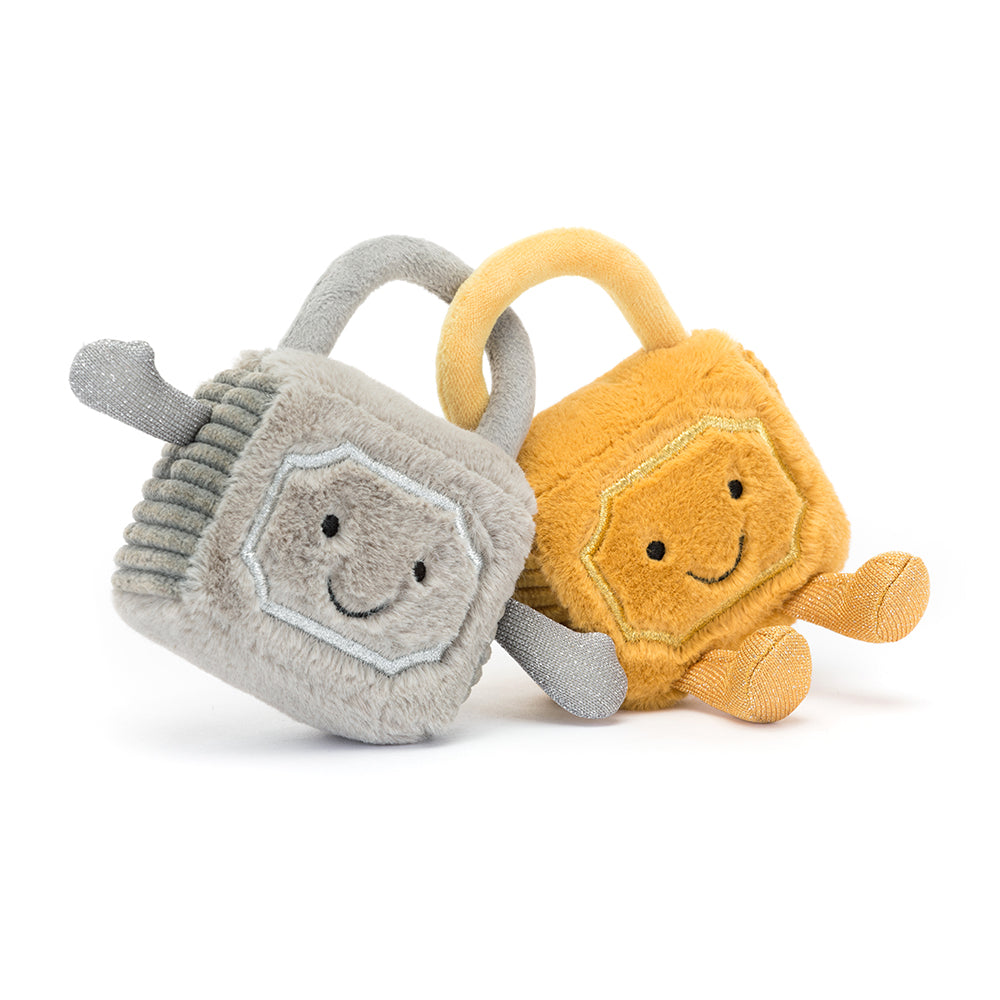 jellycat love locks plush toy, one grey and one gold with smiley faces