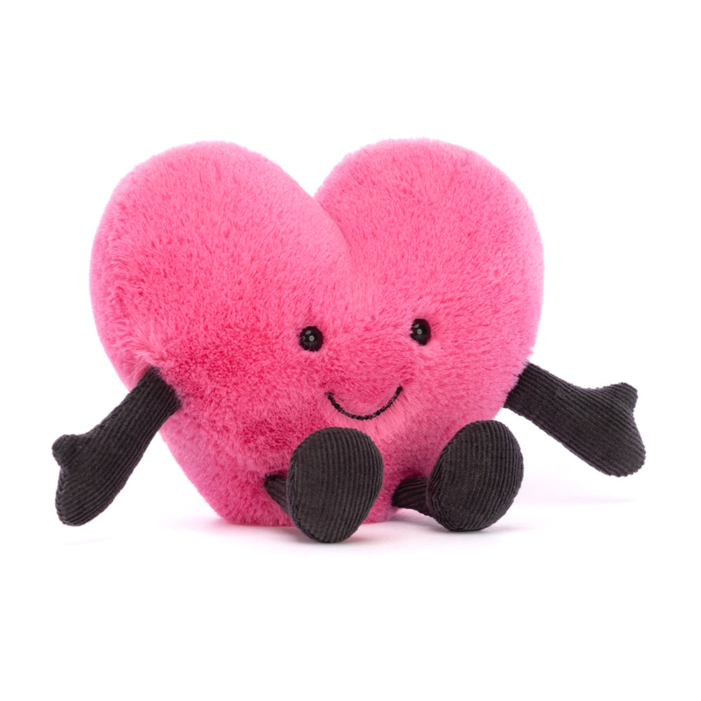 jellycat pink heart plush toy with black cordy arms & legs, bead eyes and an embroidered smiley mouth