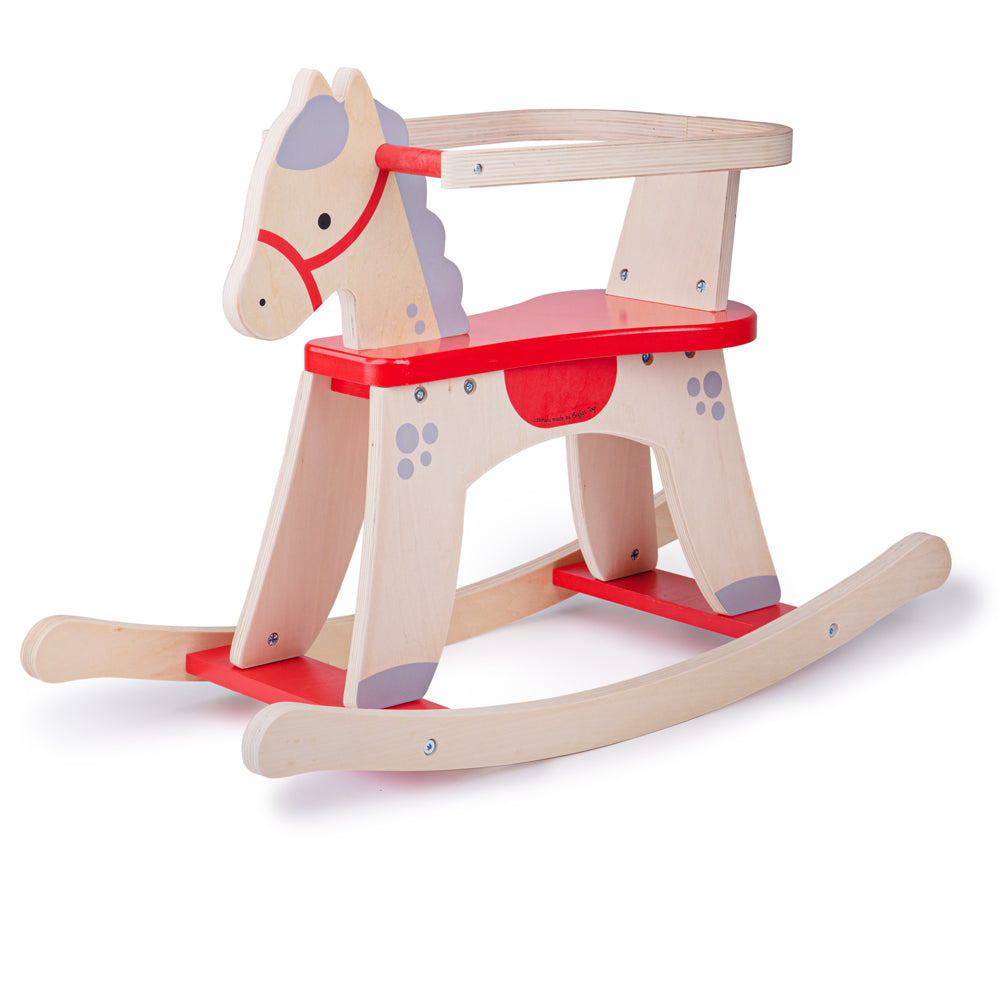 bigjigs wooden rocking horse made of natural wood with a painted red seat