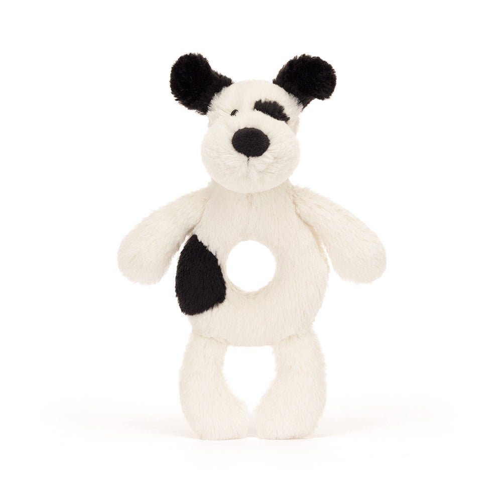 Jellycat Bashful Black & Cream Puppy Ring Rattle - I Want That Present