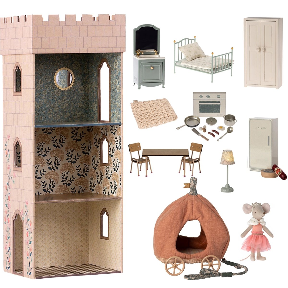 Maileg Castle with Mirror, Furniture & Pumpkin Carriage Bundle - I Want That Present