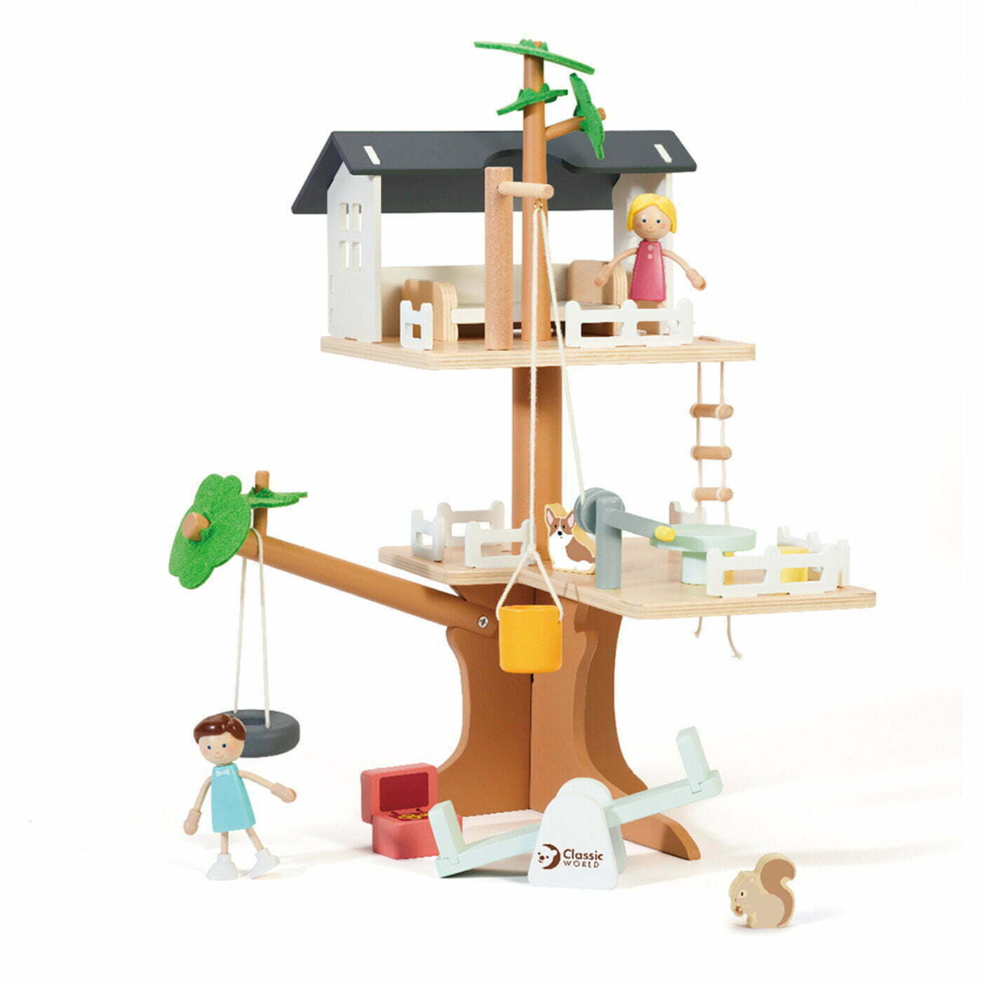 classic world tree house with two floors, 2 figurines, as dog and a squirrel