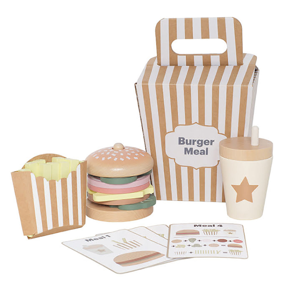 The Jabadabado Stacking Burger: A complete hamburger meal for kids. An imaginative burger set with menu cards, featuring a brown and white striped burger takeaway box with a handle.
