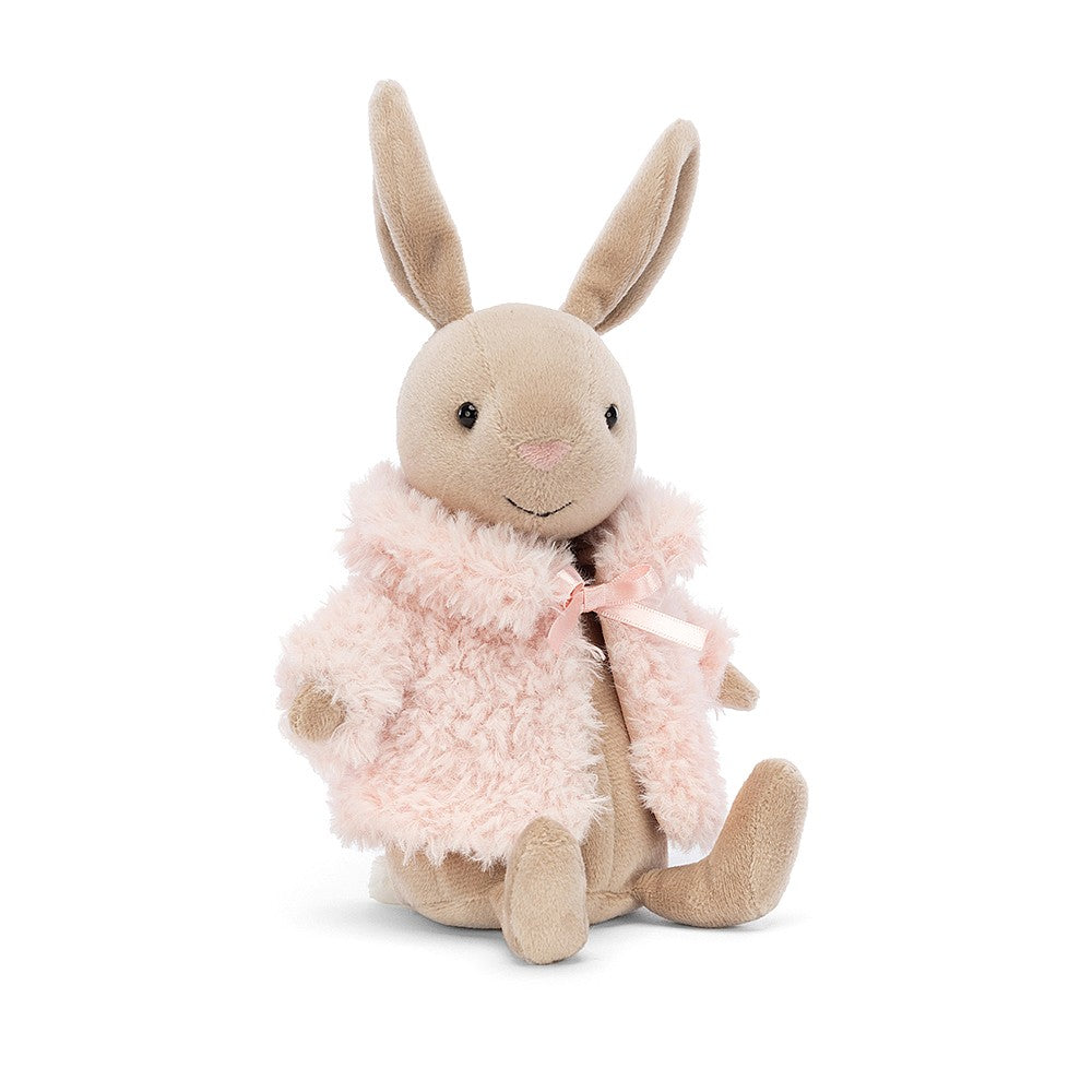 jellycat little bunny in a pink furry coat