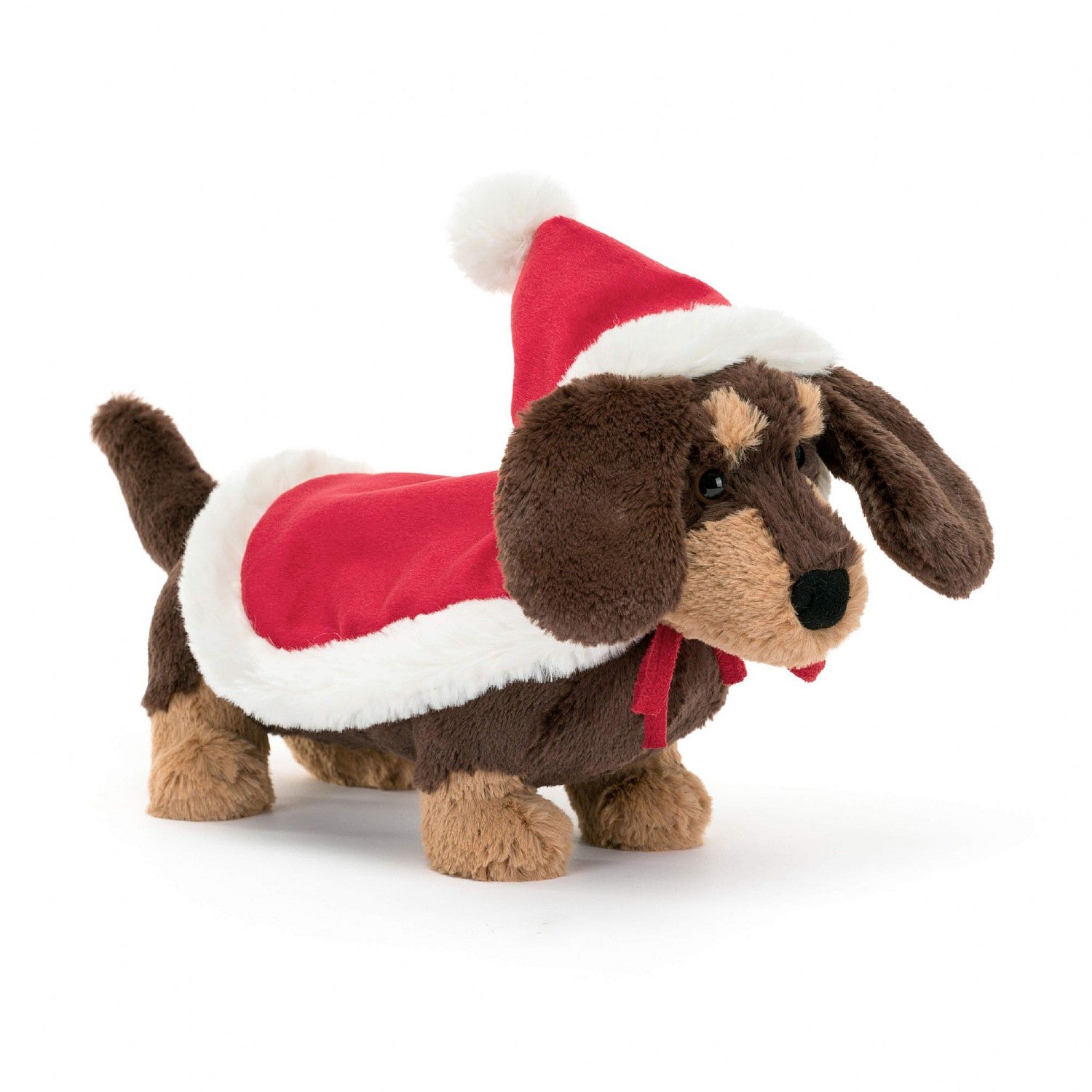 jellycat otto sausage dog in a cute red christmas hooded coat