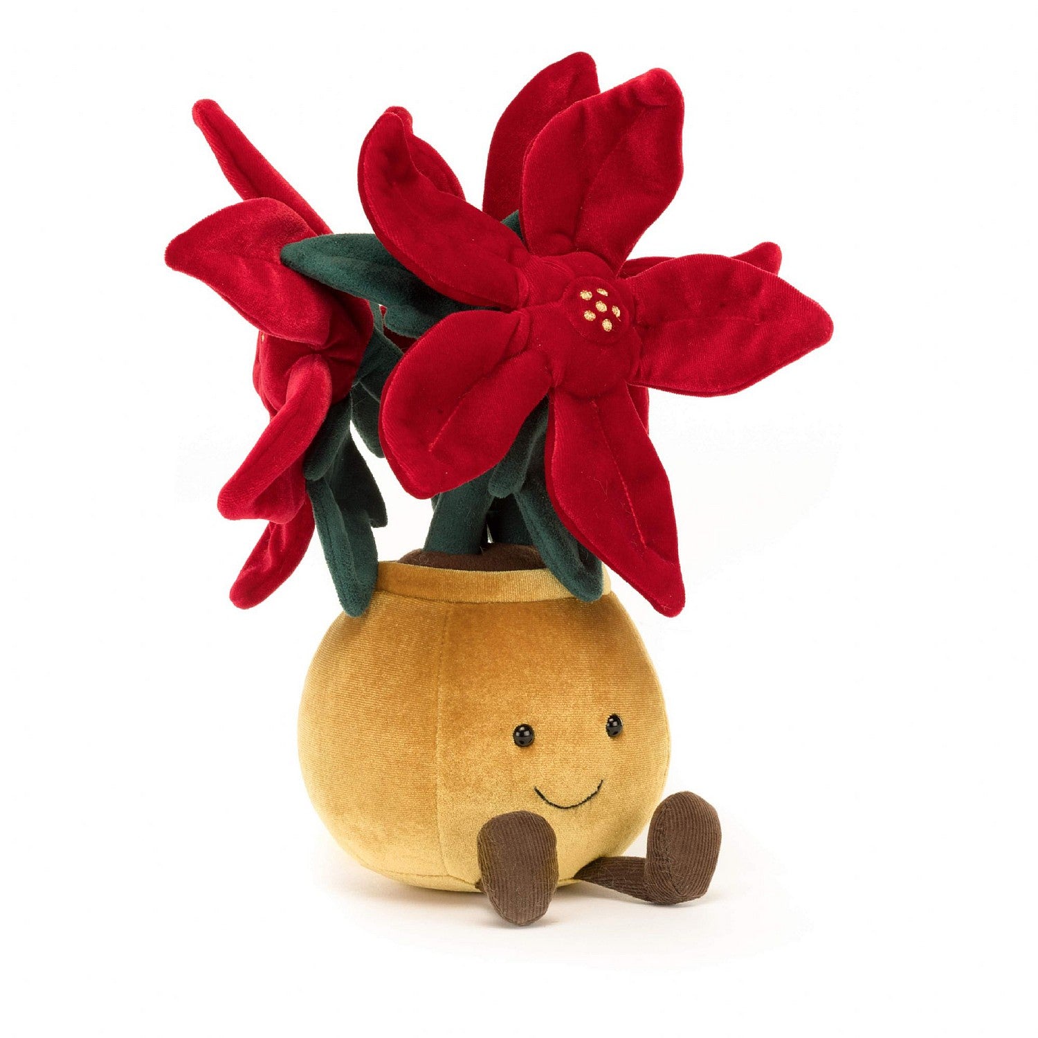 jellycat fabric bright red poinsettia in a light brown fabric pot decorated with an embroidered mouse and bead eyes