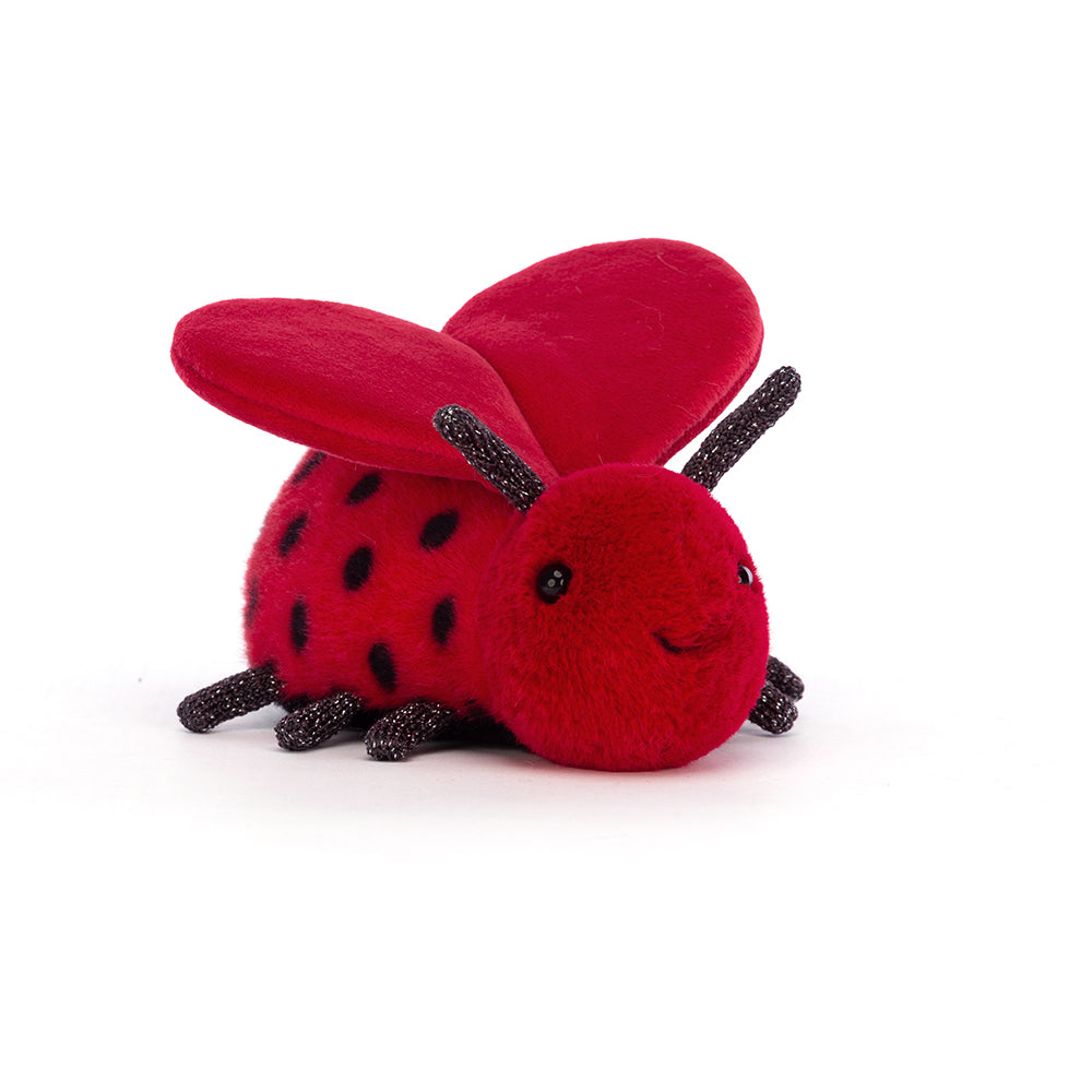 jellycat love bug is red with black spots and big red wings