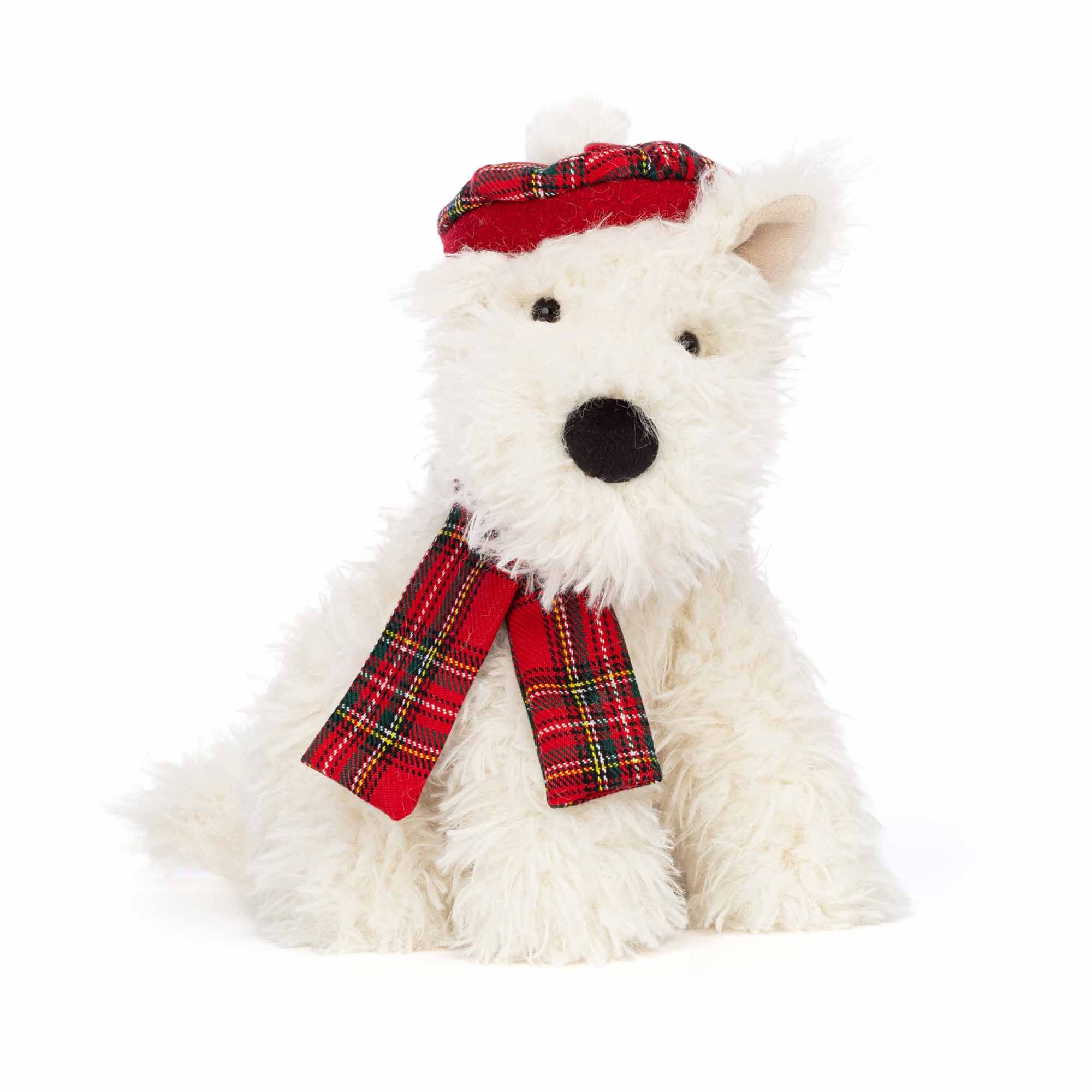 jellycat white fur munro scottie dog with red tartan hat and scarf