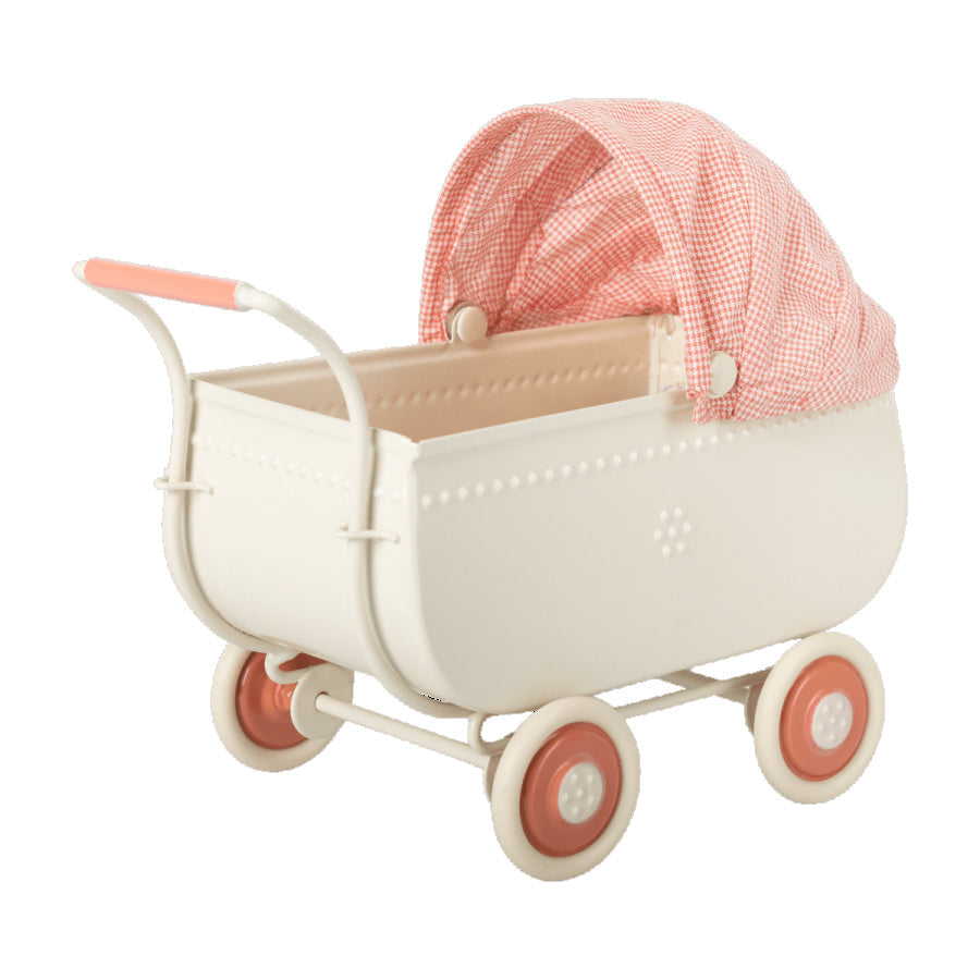 maileg micro metal off white pram with pink hood