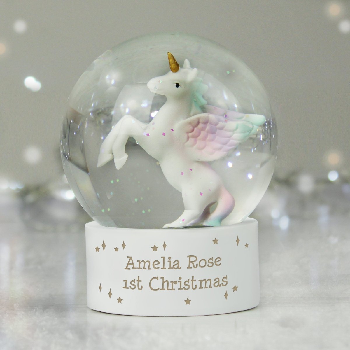 Personalised Message Unicorn Snow Globe - I Want That Present