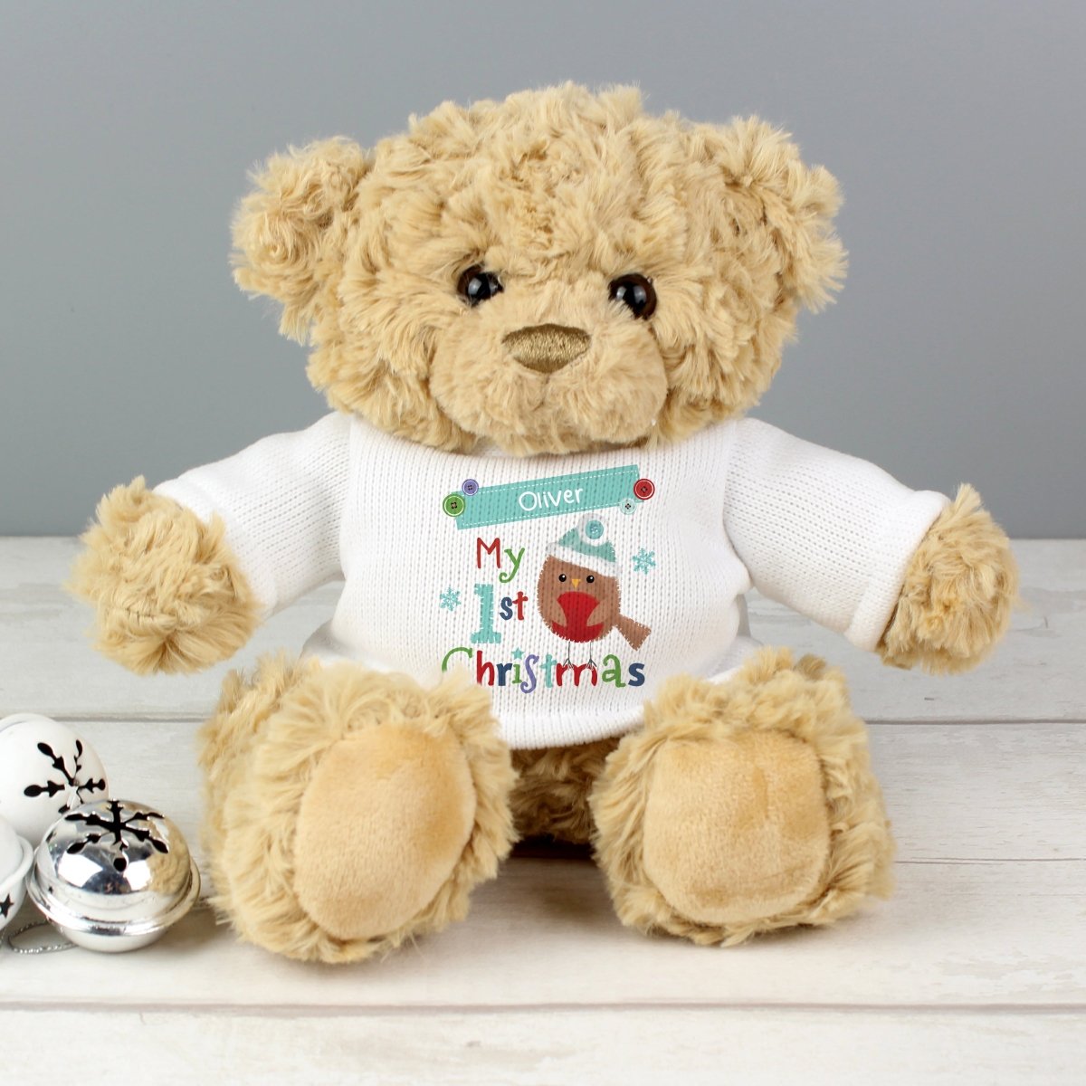 Personalised Felt Stitch Robin 'My 1st Christmas' Teddy Bear - I Want That Present