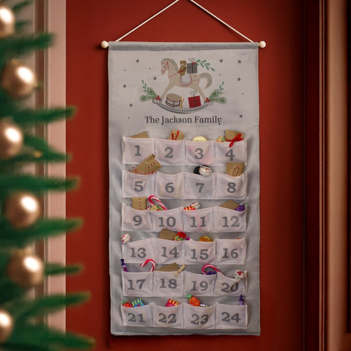 Personalised Rocking Horse Advent Calendar In Silver Grey - I Want That Present