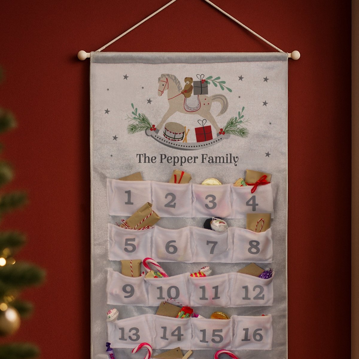 Personalised Rocking Horse Advent Calendar In Silver Grey - I Want That Present