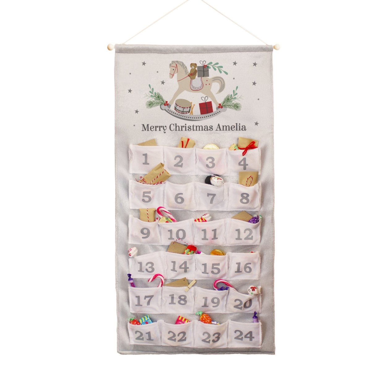 Personalised Rocking Horse Advent Calendar In Silver Grey - I Want That Present