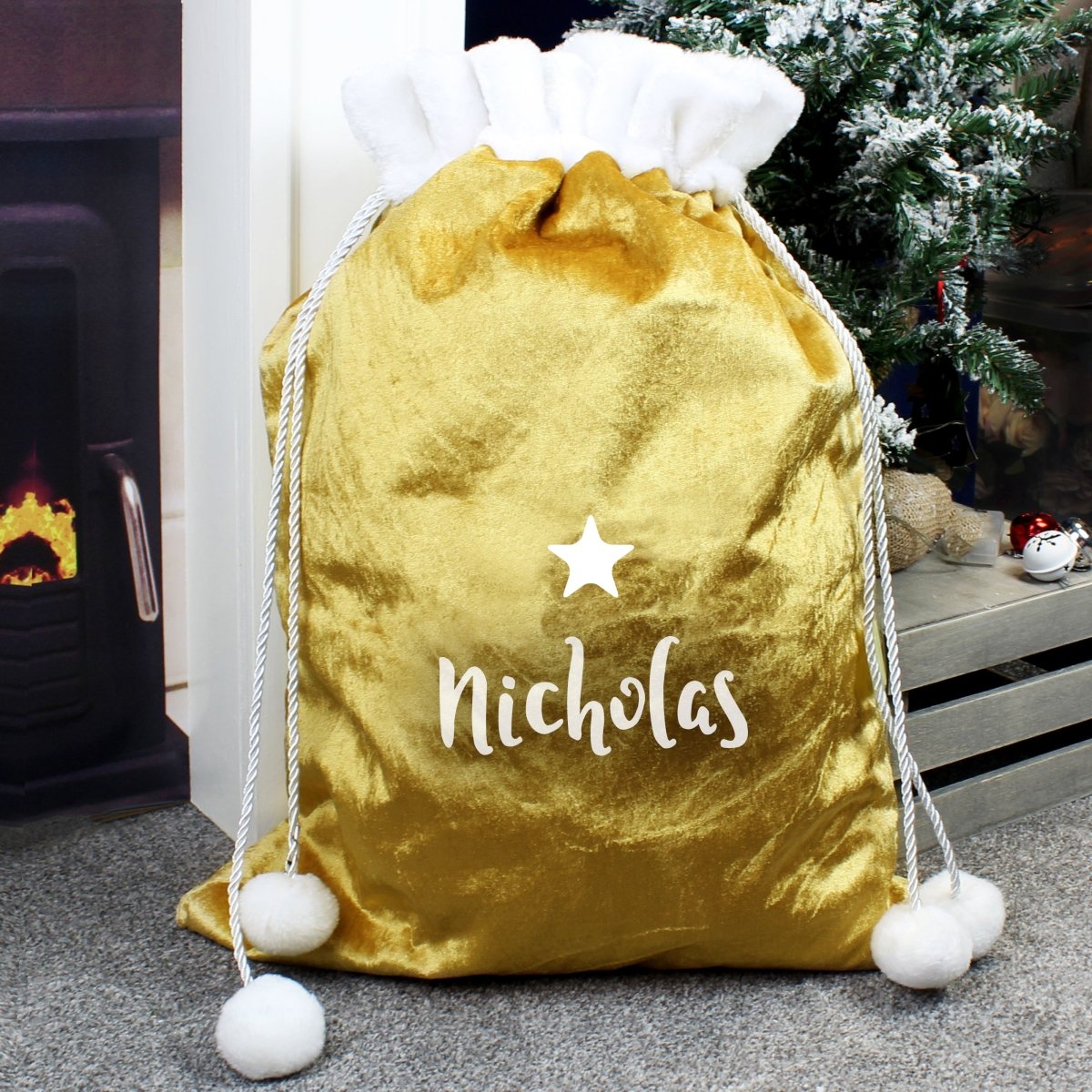 Personalised Name Only Gold Luxury Pom Pom Sack - I Want That Present