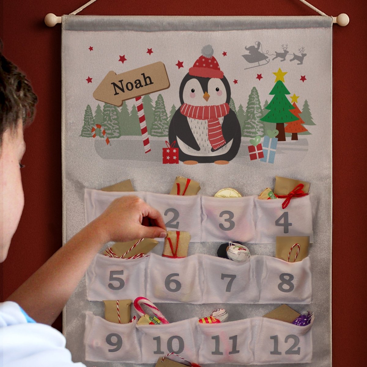 Personalised Christmas Penguin Advent Calendar In Silver Grey - I Want That Present
