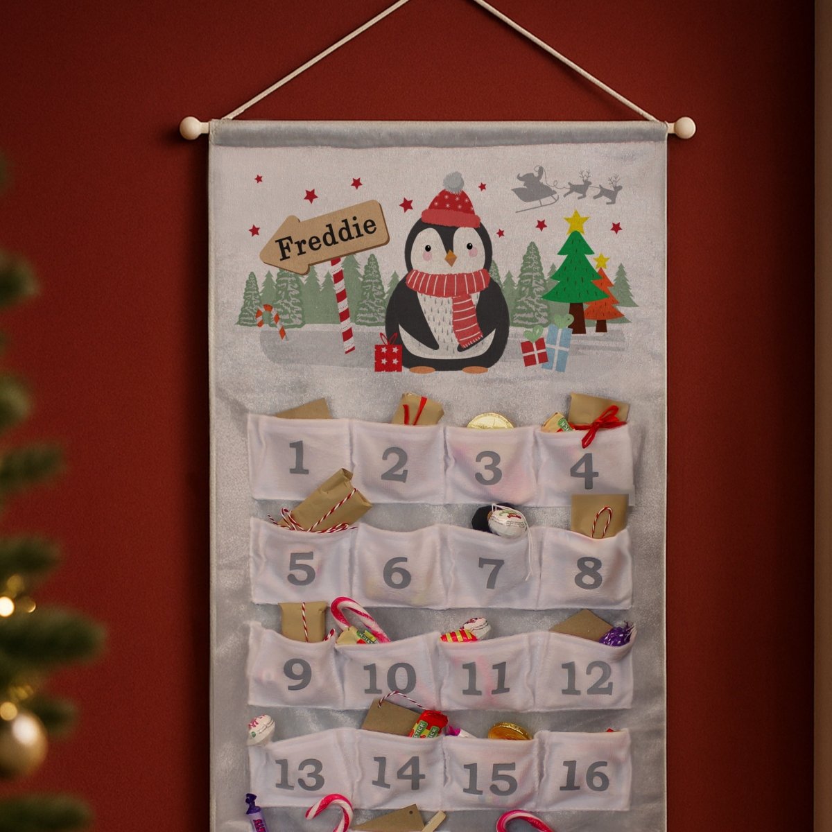 Personalised Christmas Penguin Advent Calendar In Silver Grey - I Want That Present