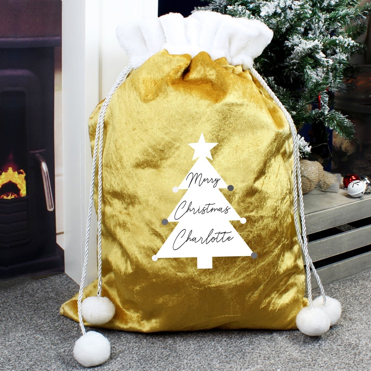 Personalised Christmas Tree Luxury Pom Pom Gold Sack - I Want That Present