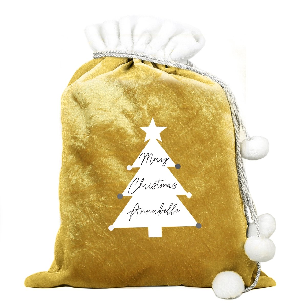 Personalised Christmas Tree Luxury Pom Pom Gold Sack - I Want That Present