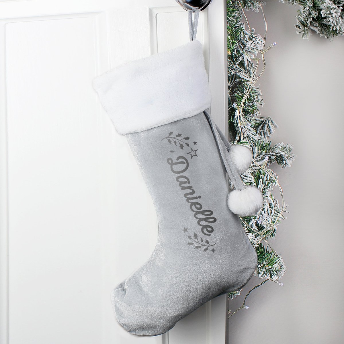 Personalised Holly Grey Christmas Stocking - I Want That Present